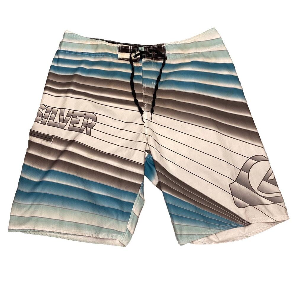 Quiksilver Board Shorts Mens 38 Blue Striped Surf Swim Trunks Vintage
